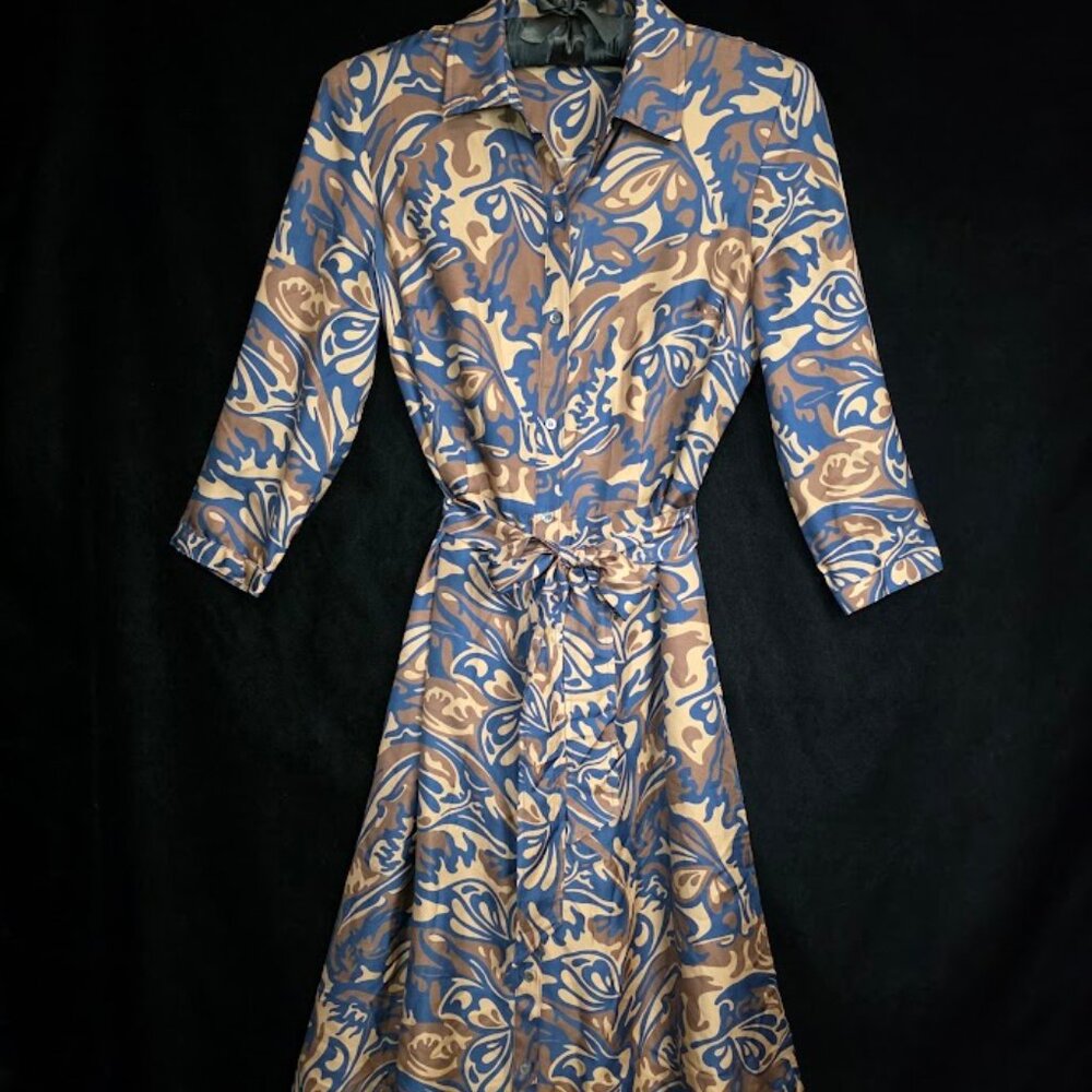 J. McLaughlin Long Sleeve Silk Blend Dress in Brown/Blue S